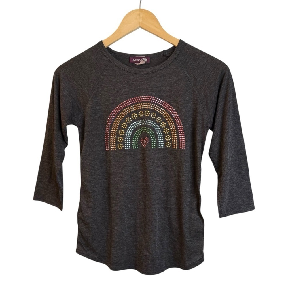 Sparkle by Stoopher Rainbow Rhinestone T-Shirt Sz 14 Charcoal Gray 3/4 Sleeve - Picture 2 of 7
